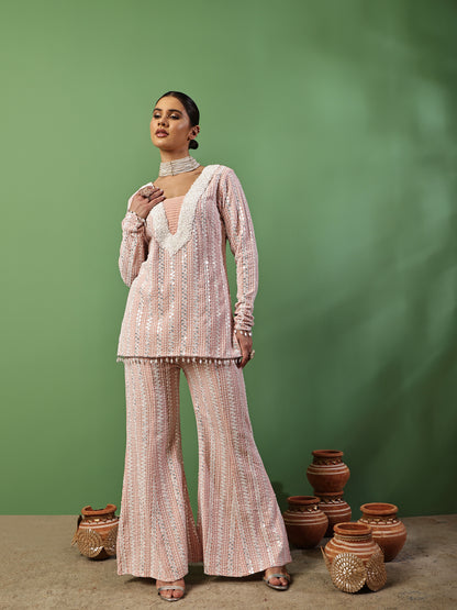 Peach Pink Sequin Embroidered Fusion Fit