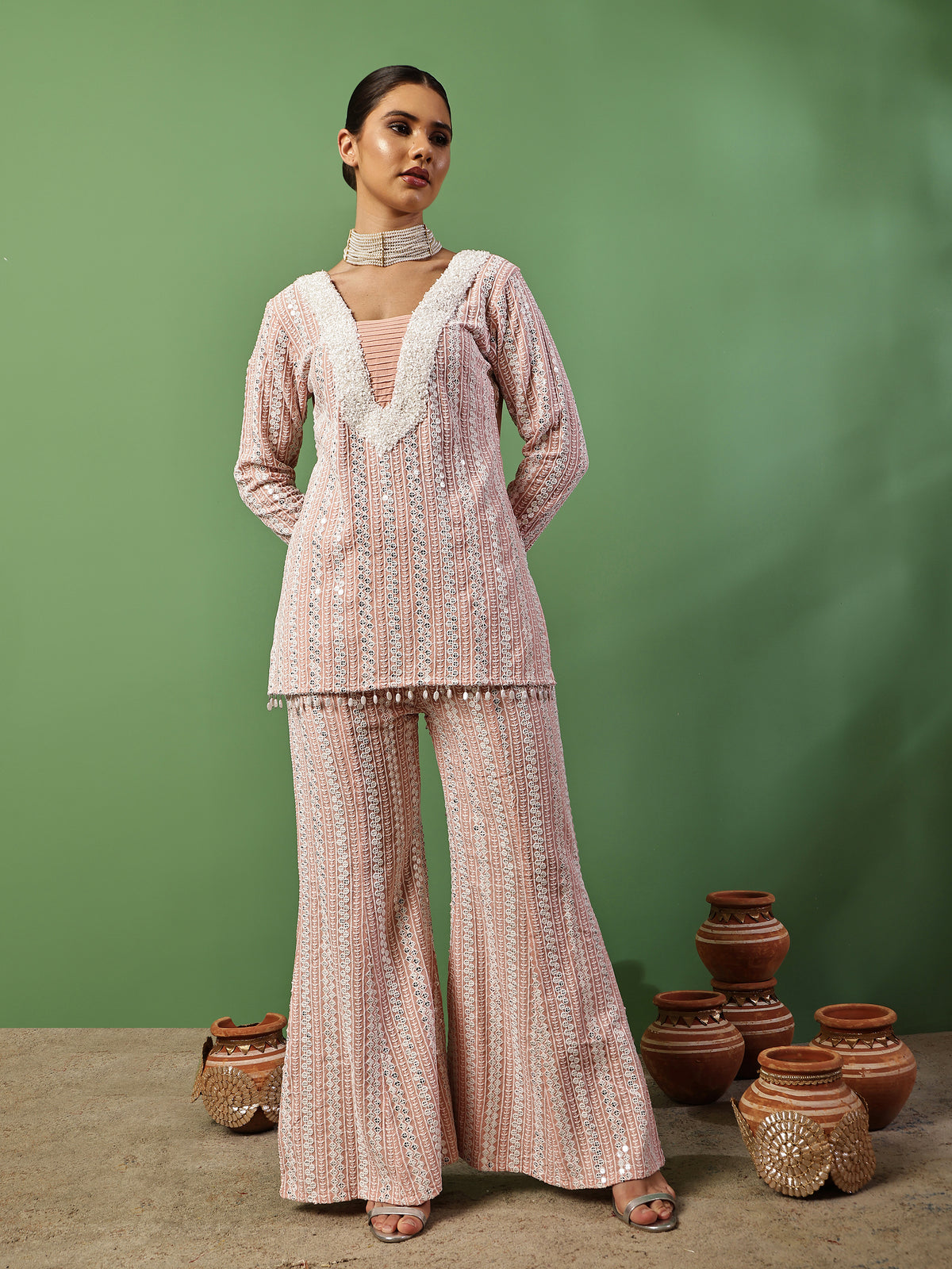Peach Pink Sequin Embroidered Fusion Fit