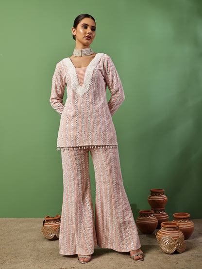 Peach Pink Sequin Embroidered Fusion Fit