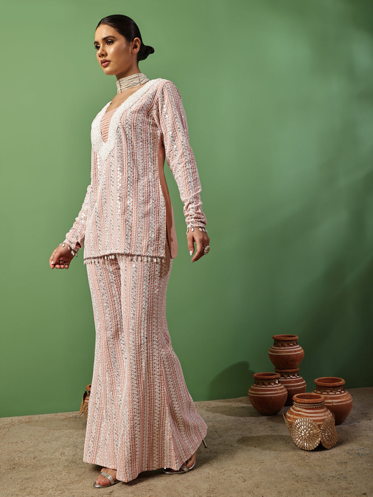 Peach Pink Sequin Embroidered Fusion Fit