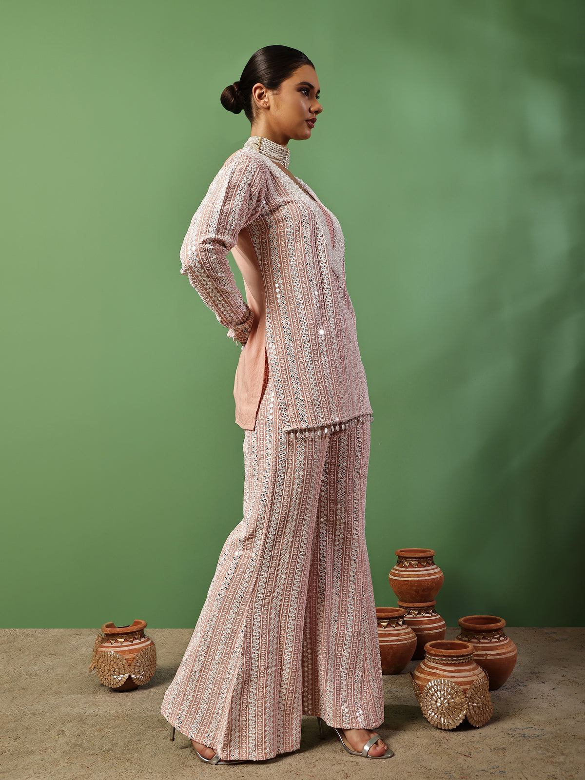 Peach Pink Sequin Embroidered Fusion Fit
