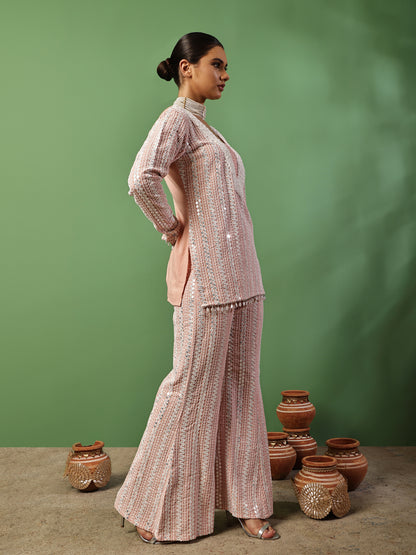 Peach Pink Sequin Embroidered Fusion Fit
