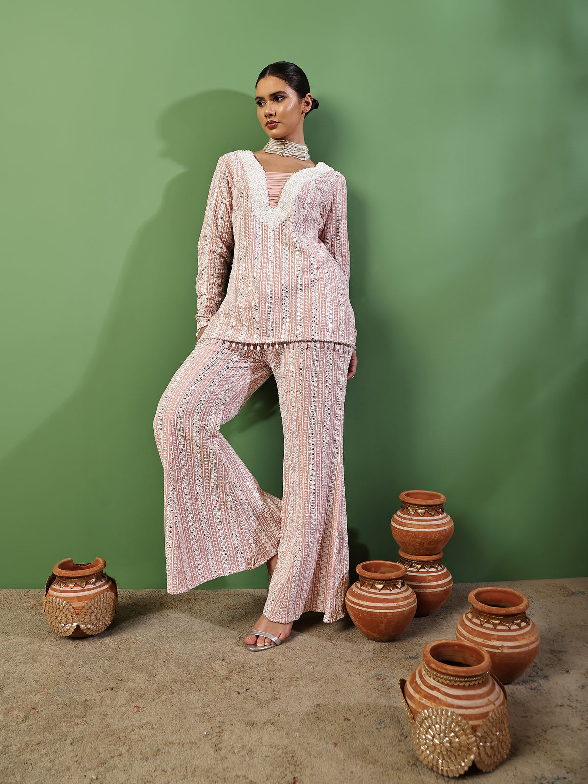 Peach Pink Sequin Embroidered Fusion Fit