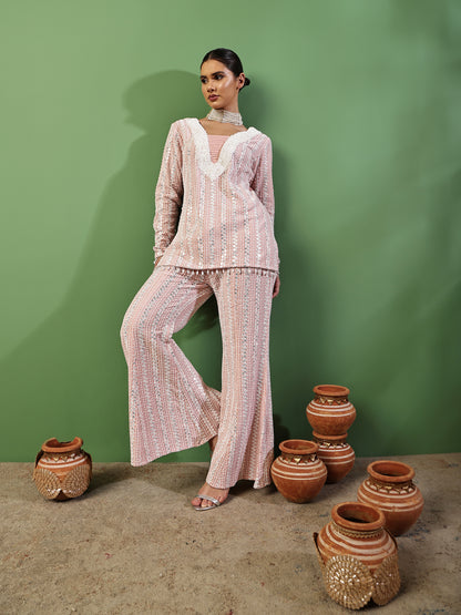 Peach Pink Sequin Embroidered Fusion Fit