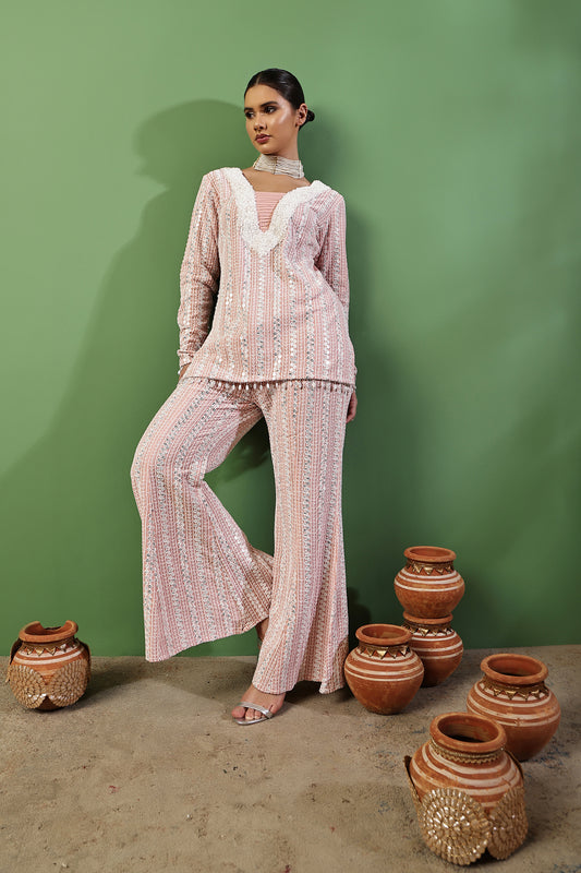 Peach Pink Sequin Embroidered Fusion Fit