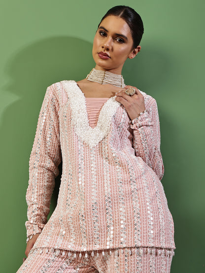 Peach Pink Sequin Embroidered Fusion Fit