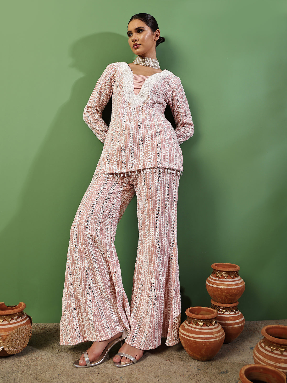 Peach Pink Sequin Embroidered Fusion Fit