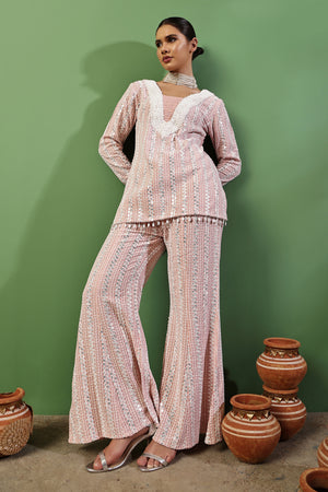 Peach Pink Sequin Embroidered Fusion Fit