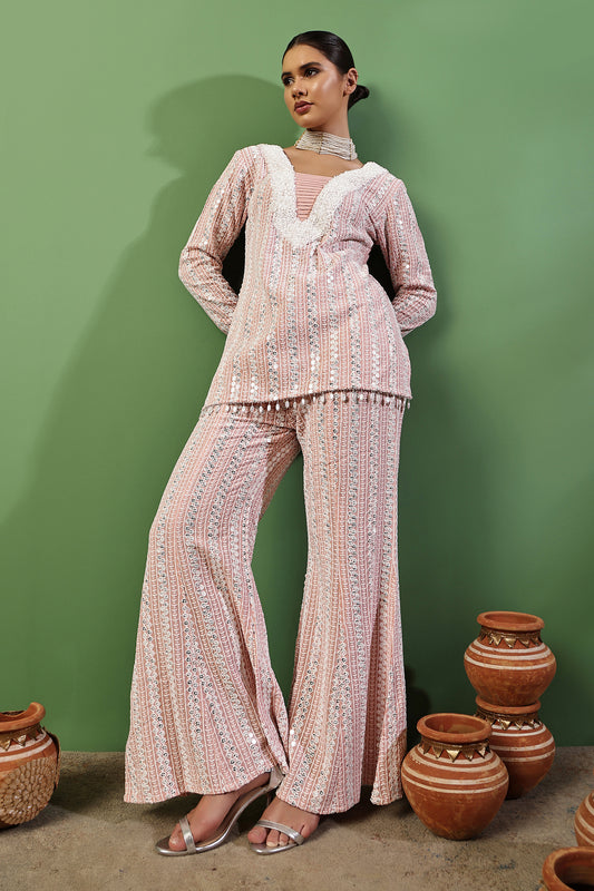 Peach Pink Sequin Embroidered Fusion Fit