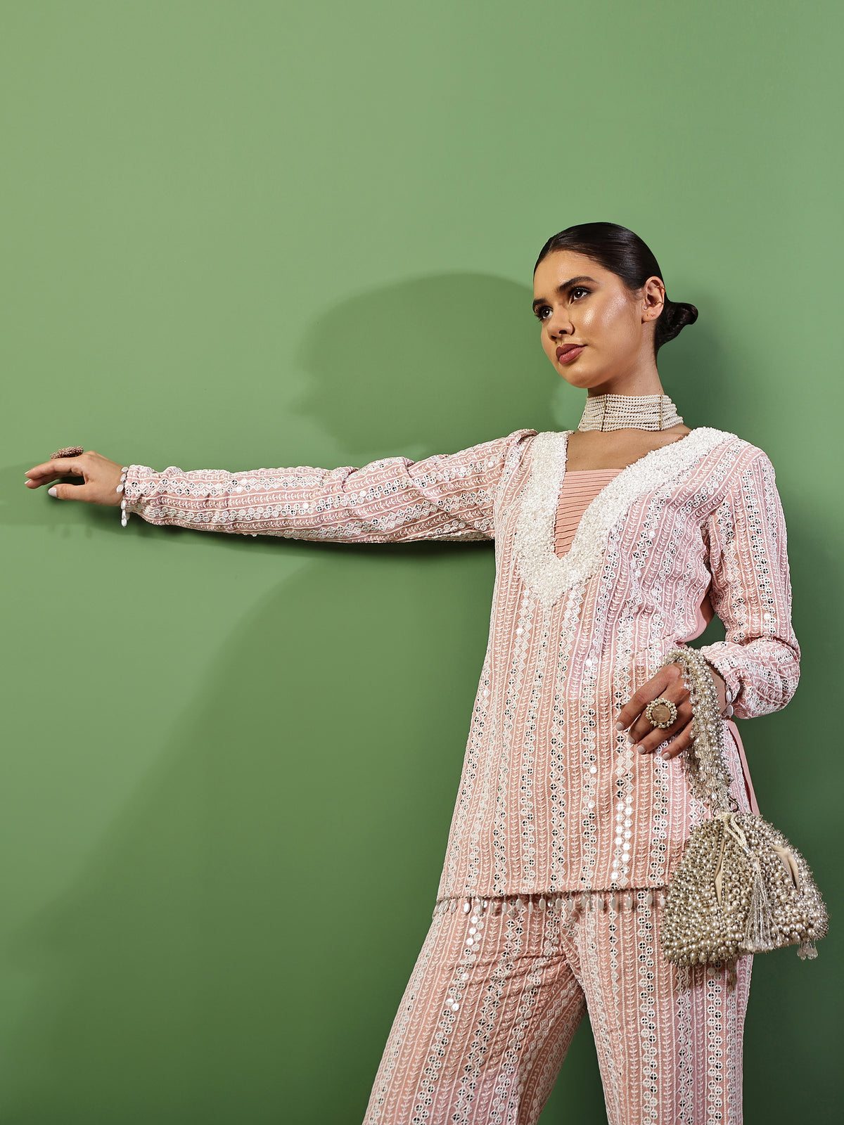 Peach Pink Sequin Embroidered Fusion Fit
