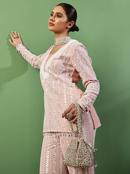 Peach Pink Sequin Embroidered Fusion Fit