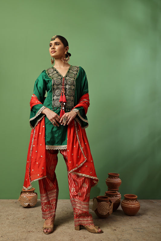 Dark Green And Red Gold Embroidered Farshi Salwar Suit Set