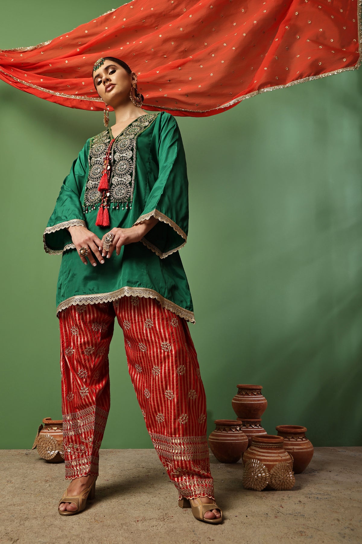 Dark Green And Red Gold Embroidered Farshi Salwar Suit Set