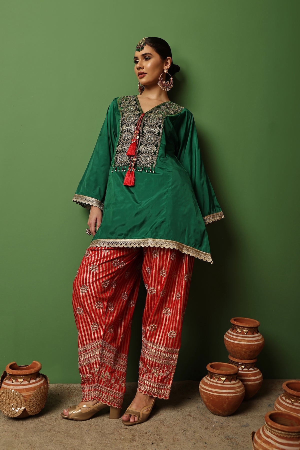 Dark Green And Red Gold Embroidered Farshi Salwar Suit Set