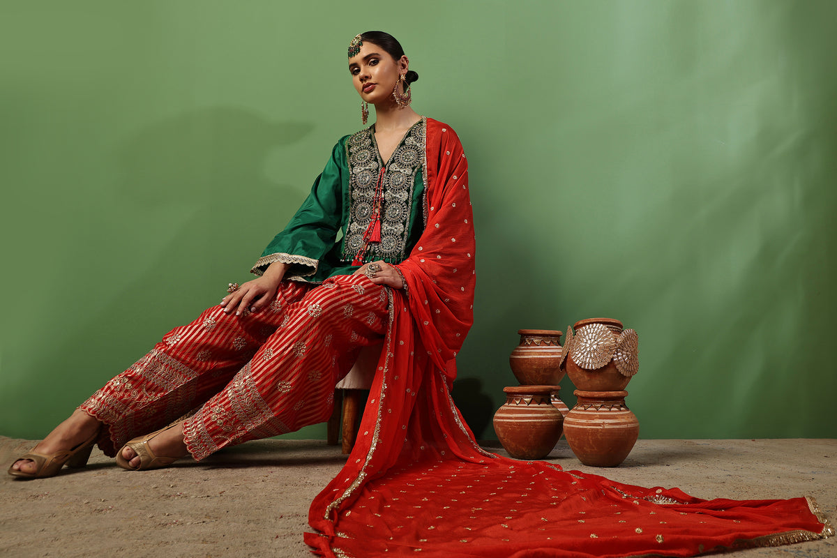 Dark Green And Red Gold Embroidered Farshi Salwar Suit Set