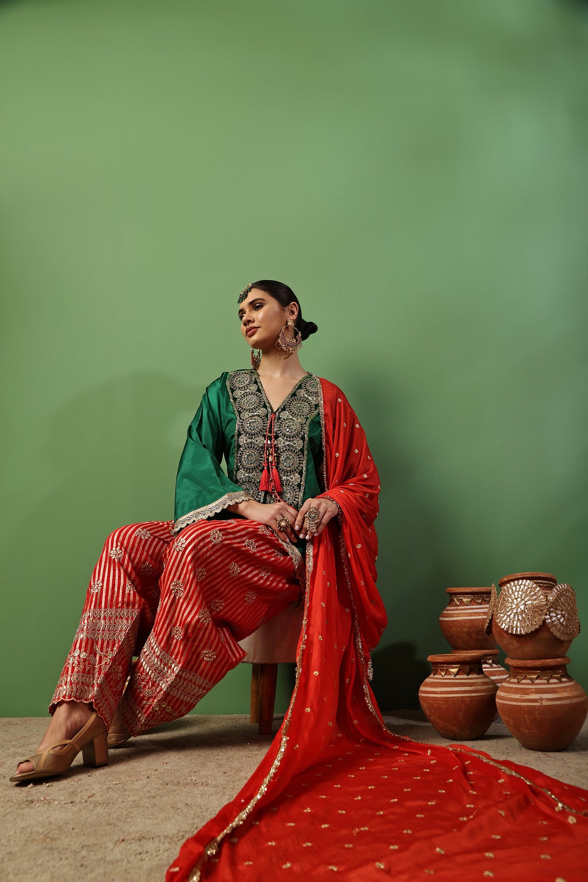 Dark Green And Red Gold Embroidered Farshi Salwar Suit Set