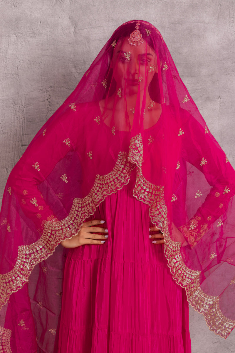 Magenta Gold Embroidered Flared Suit Set