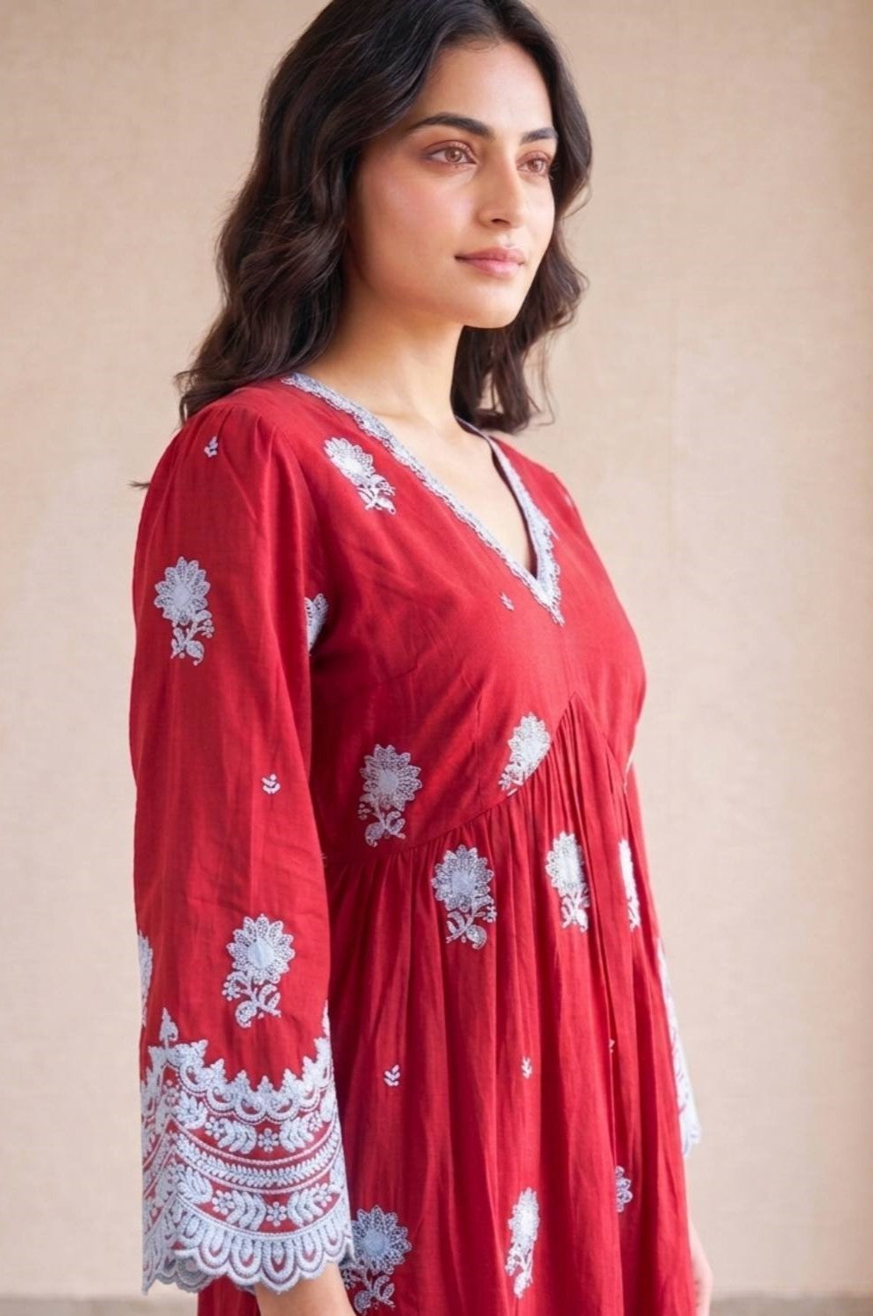 Red And Blue Floral Enbroidered Kurta Set