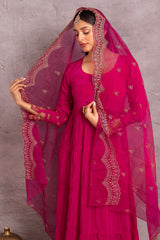 Magenta Gold Embroidered Flared Suit Set