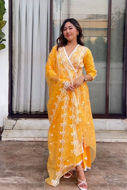 Yellow Embroidered Wrap Kurta Set with organza dupatta