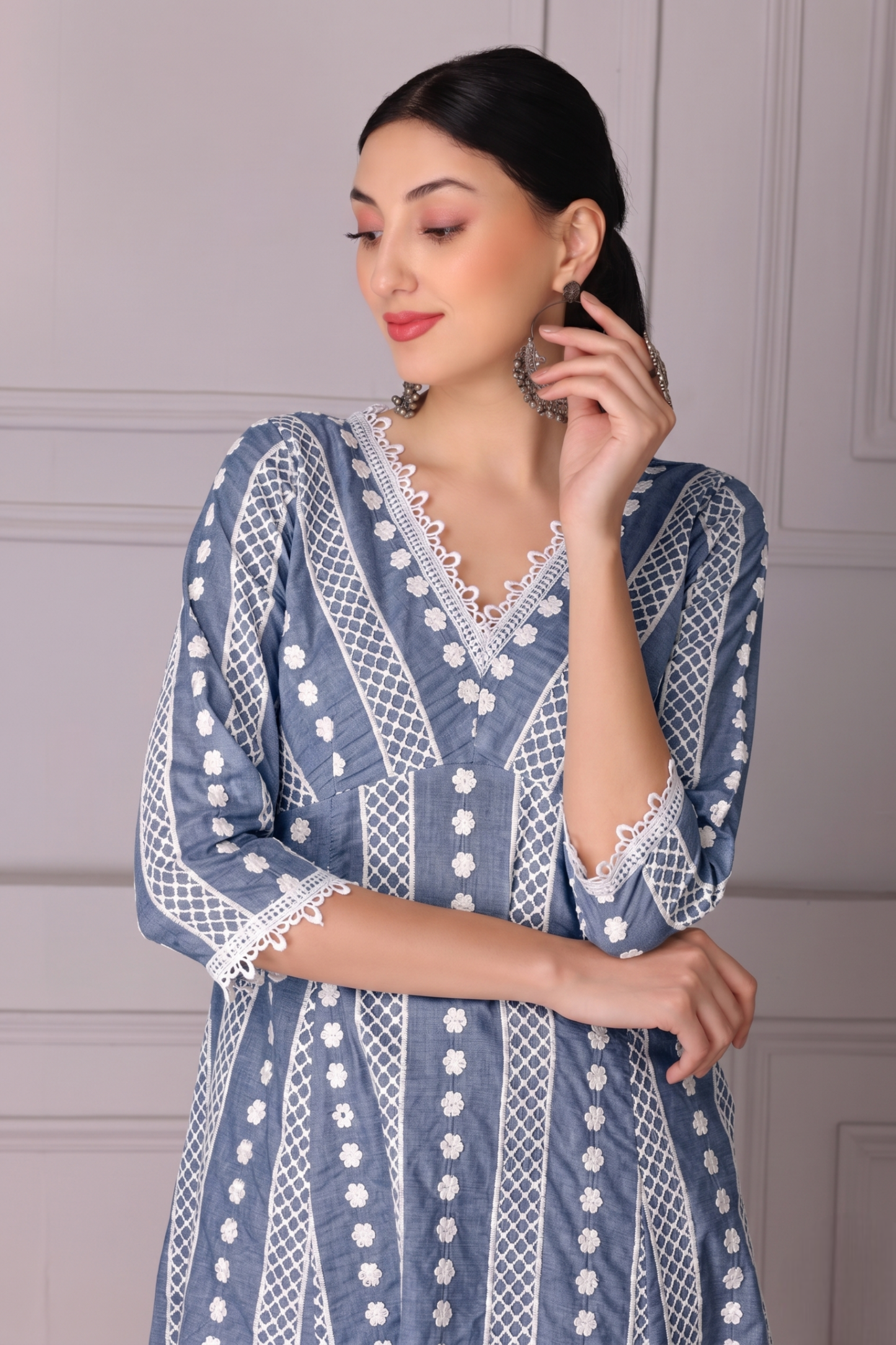 Ash Grey Lace Embroidered Kurta Set