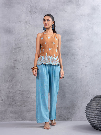 CARAMEL BLUE EMBROIDERED HALTER KURTA SET