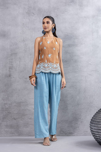 CARAMEL BLUE EMBROIDERED HALTER KURTA SET