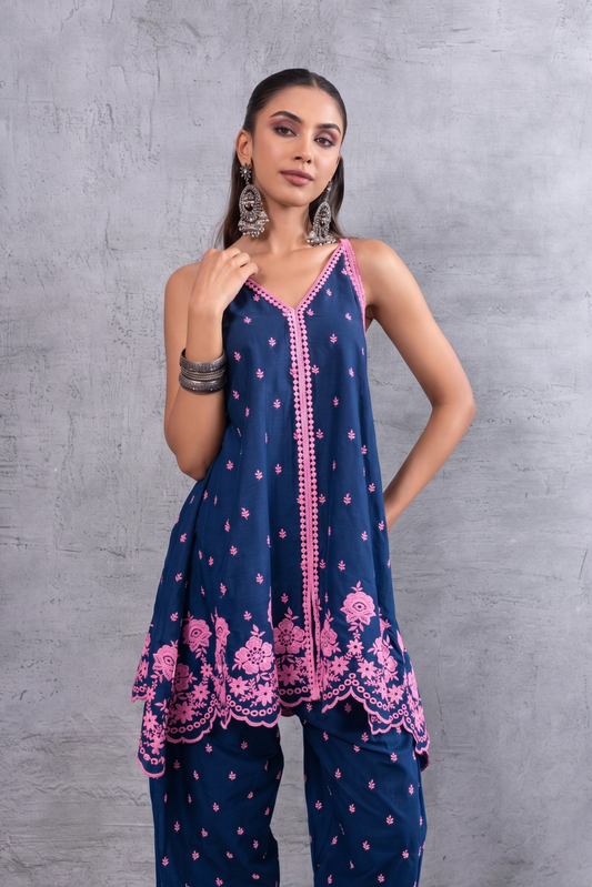 BLUE AND PINK HALTER EMBROIDERED FARSHI SALWAR SET