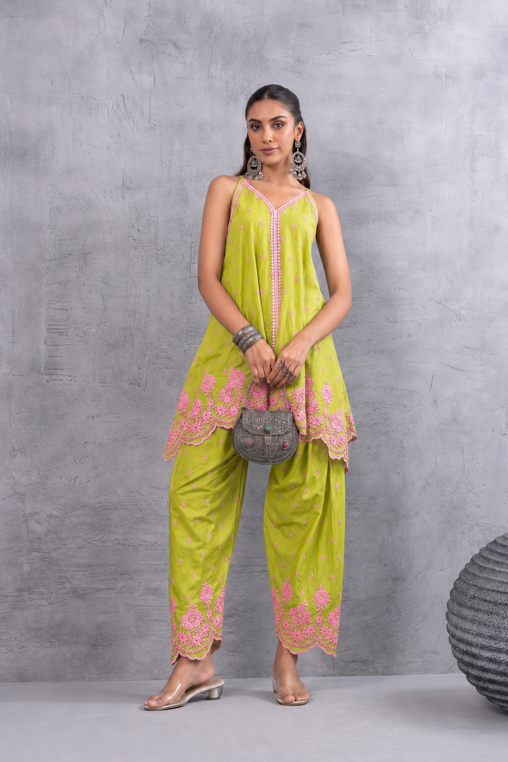LIME AND PINK HALTER EMBROIDERED FARSHI SALWAR SET