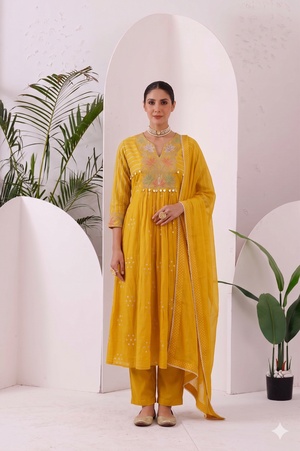 Yellow Multicolored Floral Embroidered Suit Set