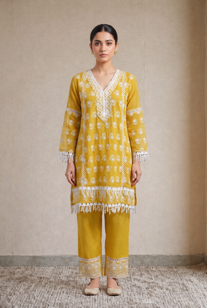 Yellow And White Floral Embroidered Kurta Set
