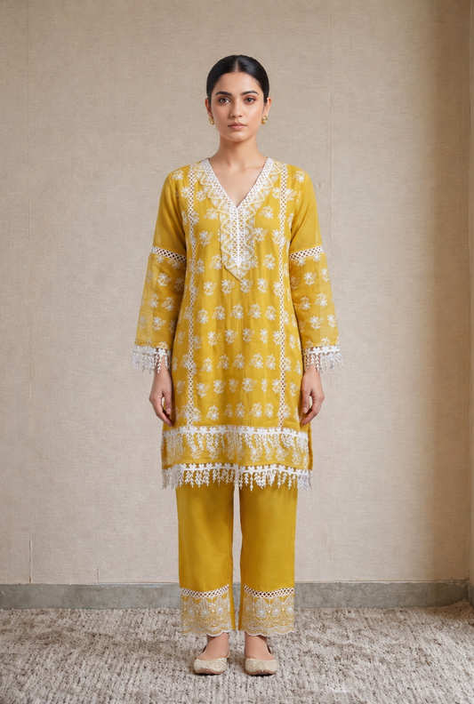 Yellow And White Floral Embroidered Kurta Set