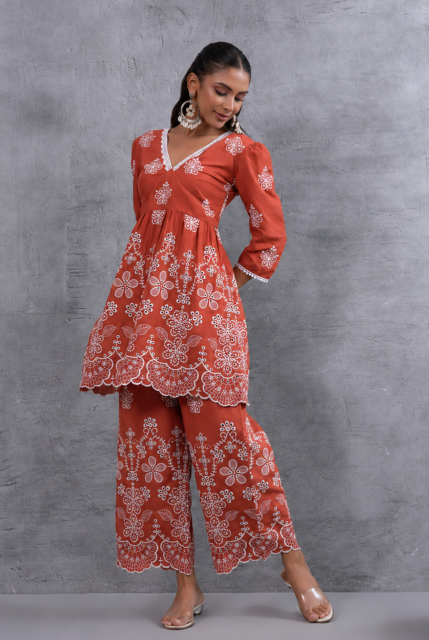 Rust And White Fit & Flare Kurta Set with Scalloped Floral Chikankari Embroidery