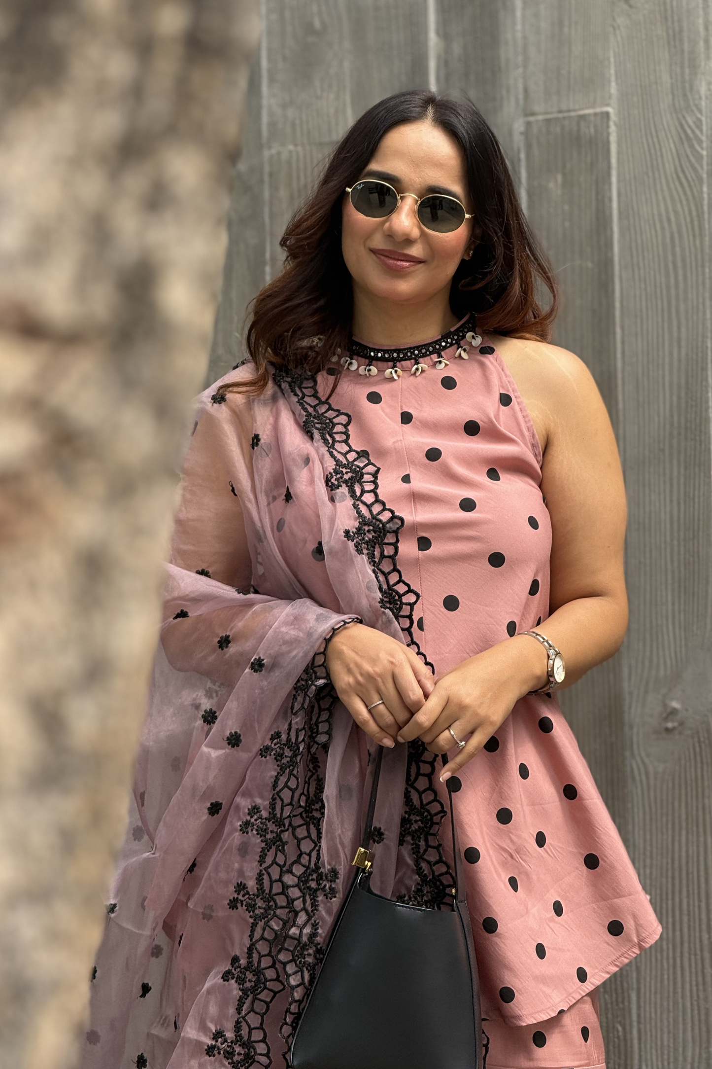 MAUVE POLKA DOT SET WITH EMBROIDERED ORGANZA DUPATTA