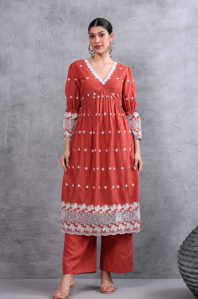 Rust White Floral Embroidered Kurta Set