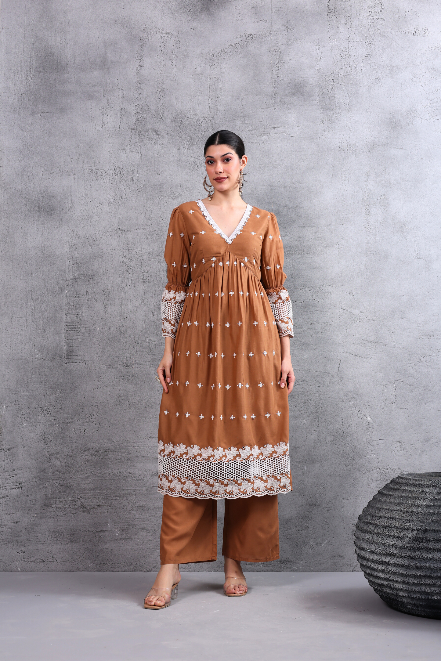 Brown White Floral Embroidered Kurta Set