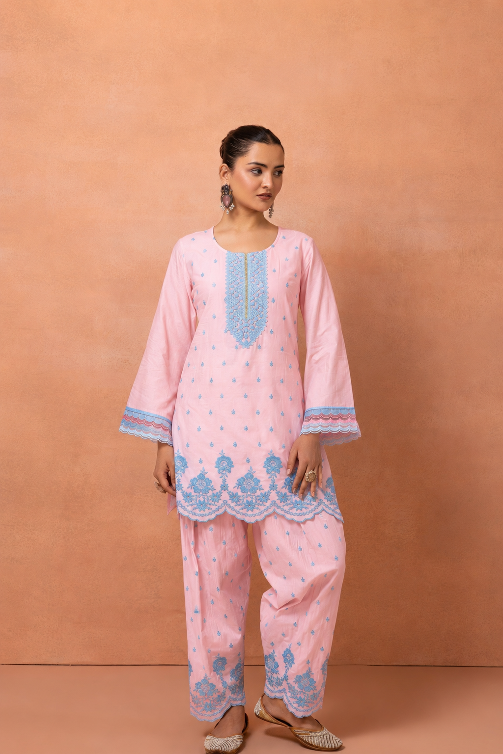 Baby Pink And Blue Embroidered Cotton Farshi Salwar Suit Set