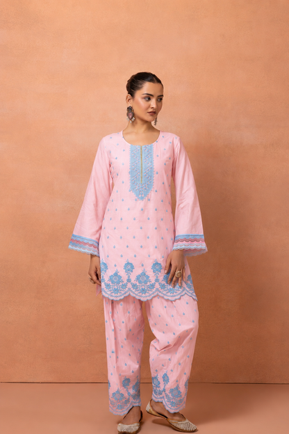 Baby Pink And Blue Embroidered Cotton Farshi Salwar Suit Set