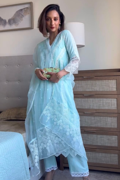 AQUA WHITE FLORAL FLARED ANARKALI SUIT SET
