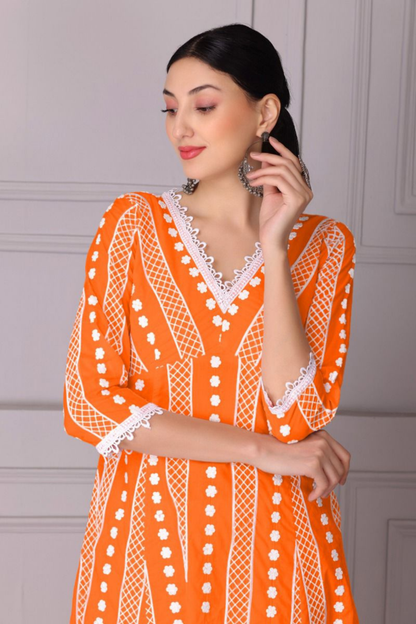 Lava Orange Lace Embroidered Kurta Set