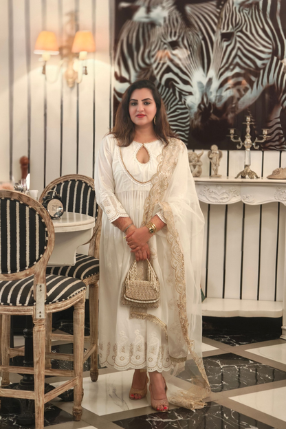 Off-White and Gold Anarkali Suit Set