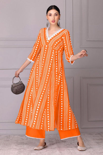 Lava Orange Lace Embroidered Kurta Set