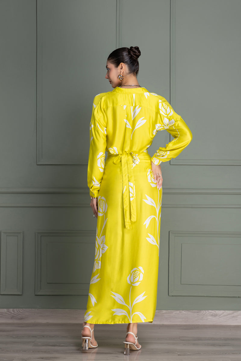 Lime Yellow Floral Shirt and Knot Skirt Set