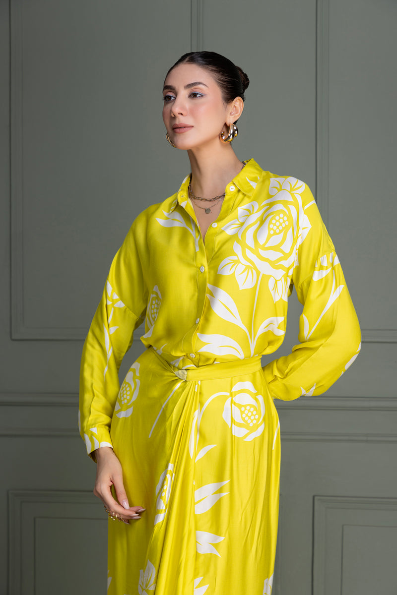 Lime Yellow Floral Shirt and Knot Skirt Set