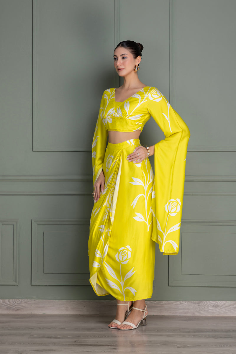 Lime Yellow Floral Printed Drape Top and Skirt Set