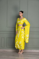 Lime Yellow Floral Printed Drape Top and Skirt Set