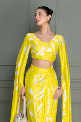 Lime Yellow Floral Printed Drape Top and Skirt Set