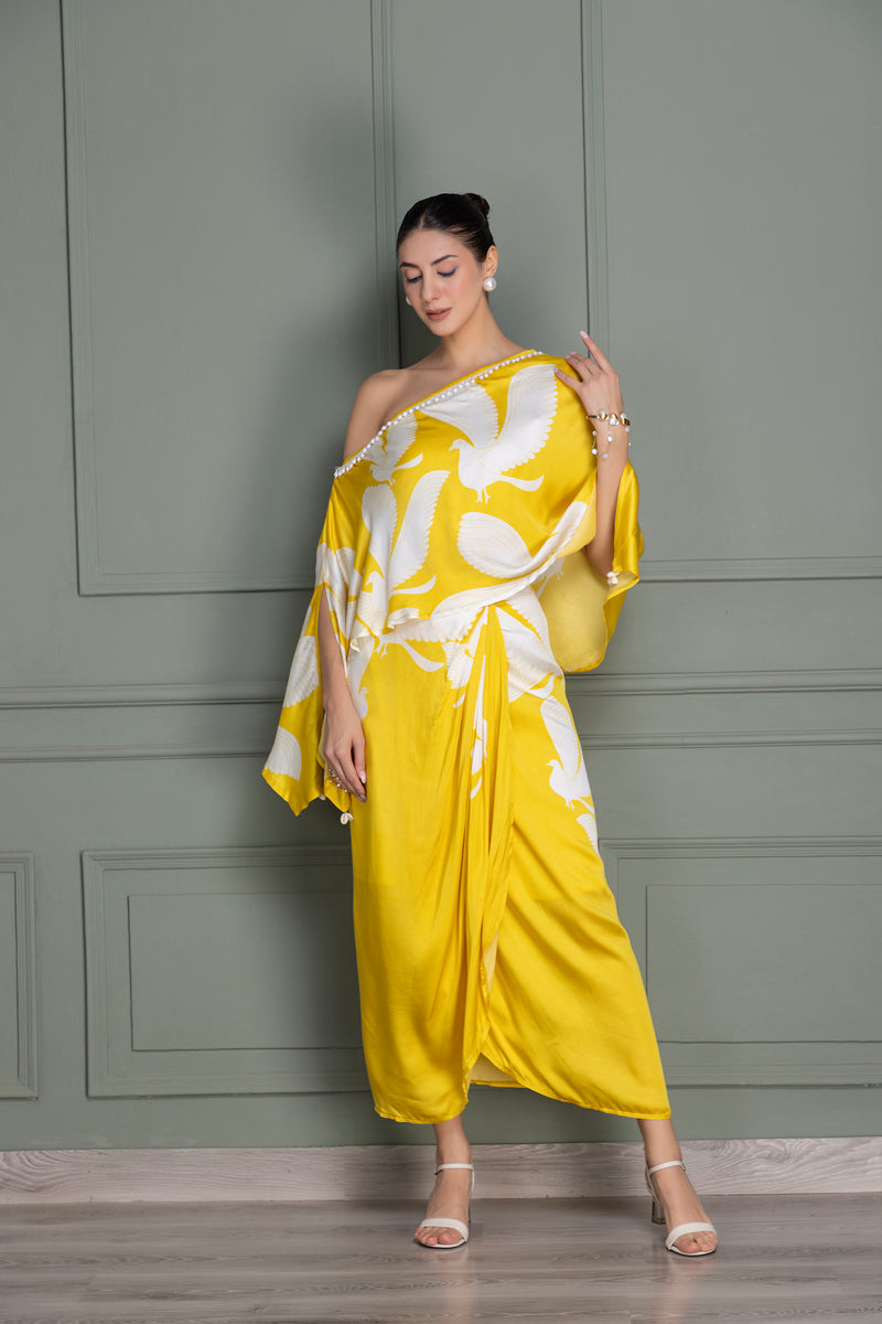 Eclectic Yellow Bird Flock Top and Dhoti Skirt Set