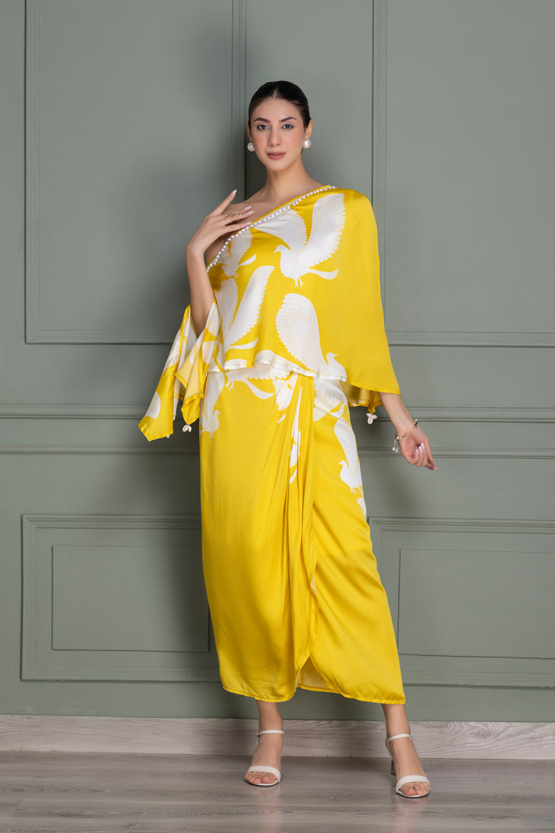 Eclectic Yellow Bird Flock Top and Dhoti Skirt Set