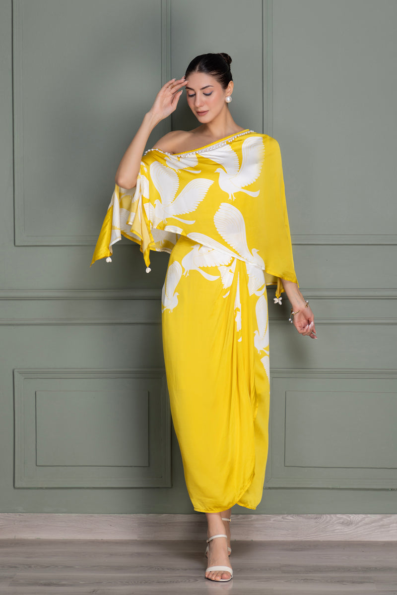 Eclectic Yellow Bird Flock Top and Dhoti Skirt Set